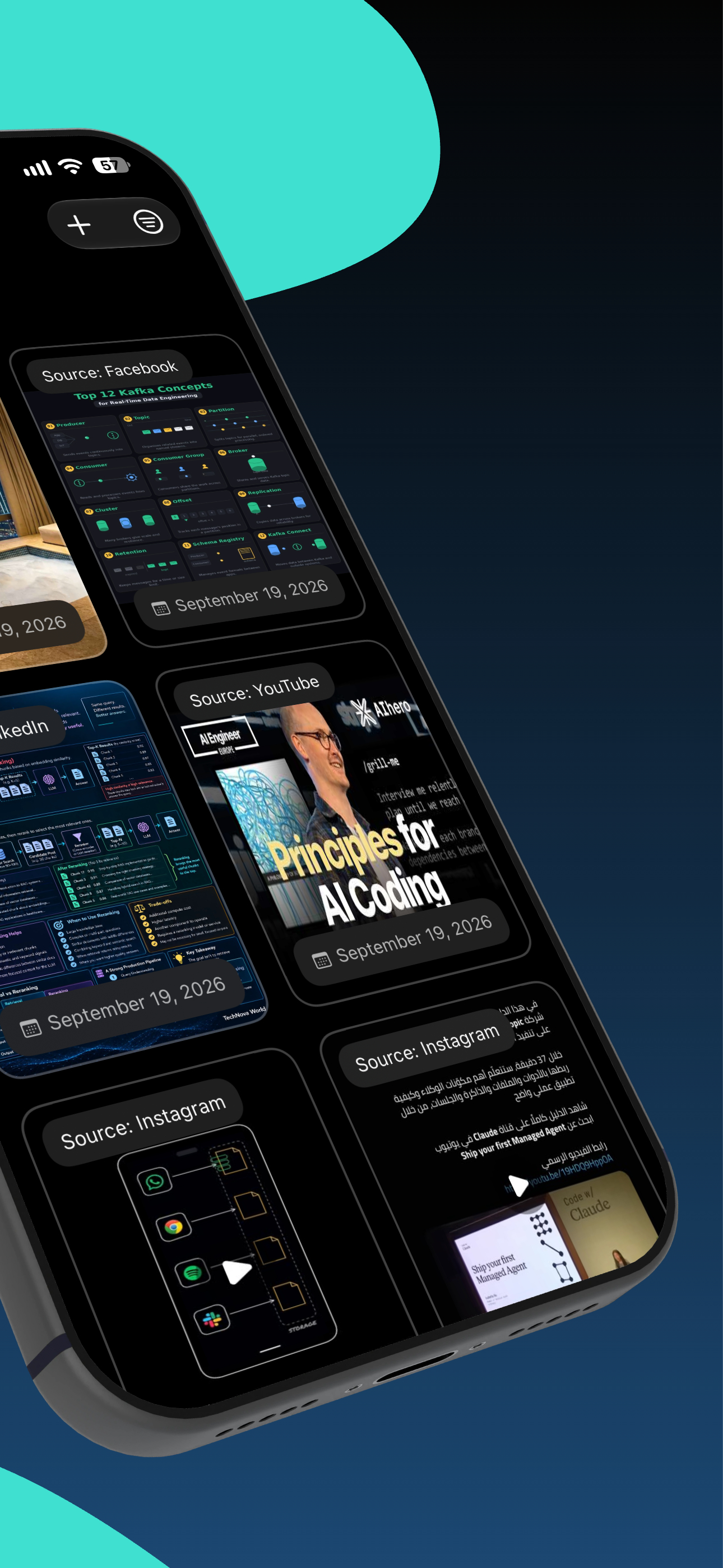 Reelcove App Store screenshot: library screen showing multiple saved links, each tagged with its source app.