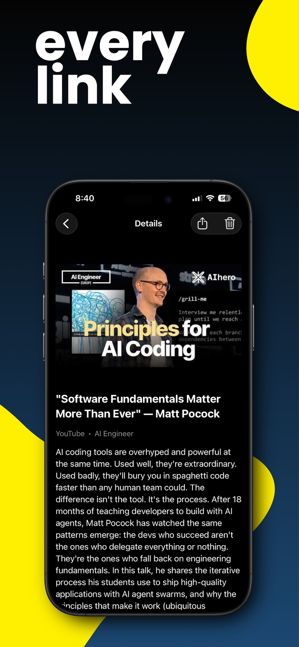 App Store screenshot: Every link — Reelcove detail screen.